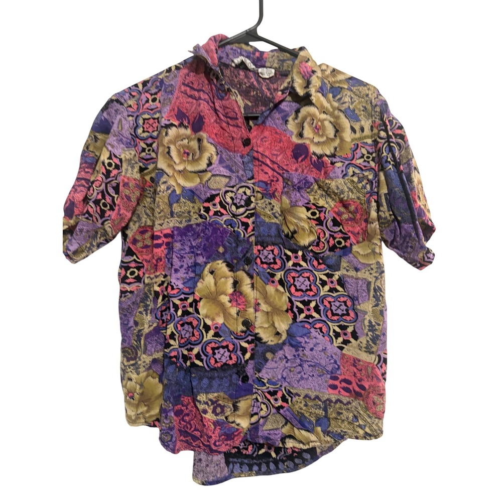 Speed Limit MPH Button Up Shirt Vintage Floral Patchwork Multicolor Rayon S